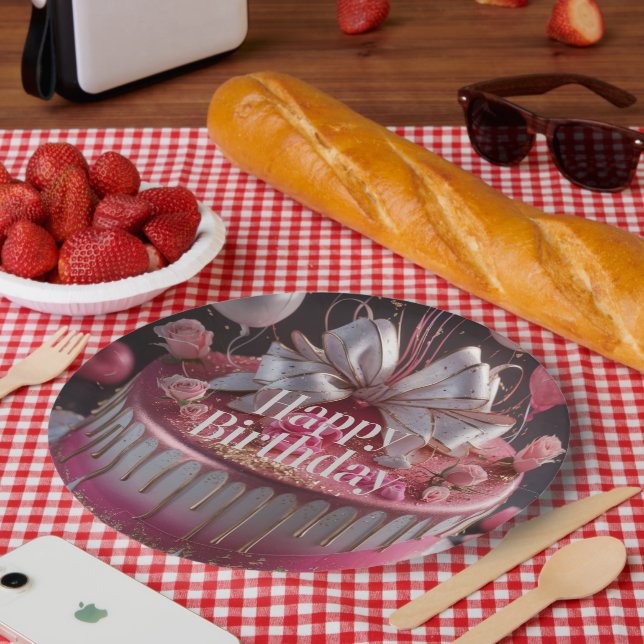 Plato De Papel Elegant Pink & Gold Birthday Cake Design (Picnic)