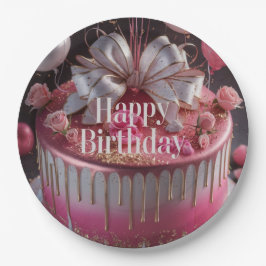 Plato De Papel Elegant Pink & Gold Birthday Cake Design