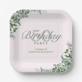 Plato De Papel Elegant Pink Green Flower Women's 50th Birthday 