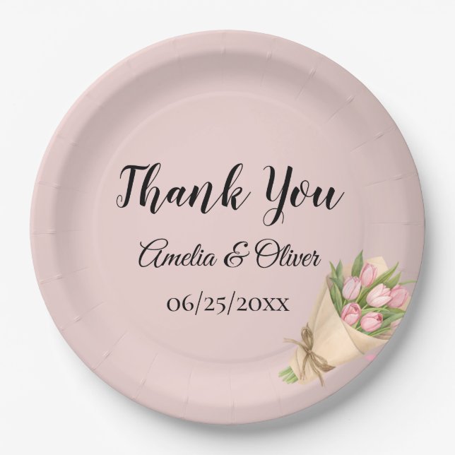 Plato De Papel Elegant Pink Tulips Bouquet Wedding (Anverso)