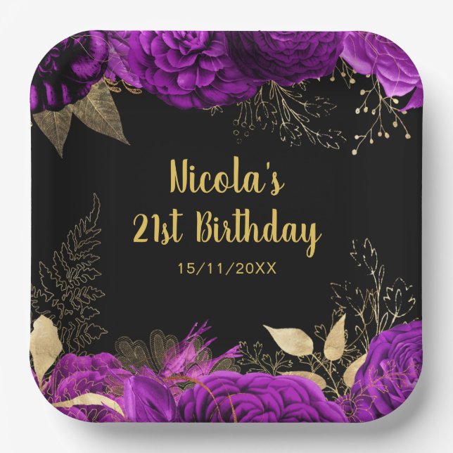 Plato De Papel Elegant Purple and Gold Flowers Birthday Party (Anverso)