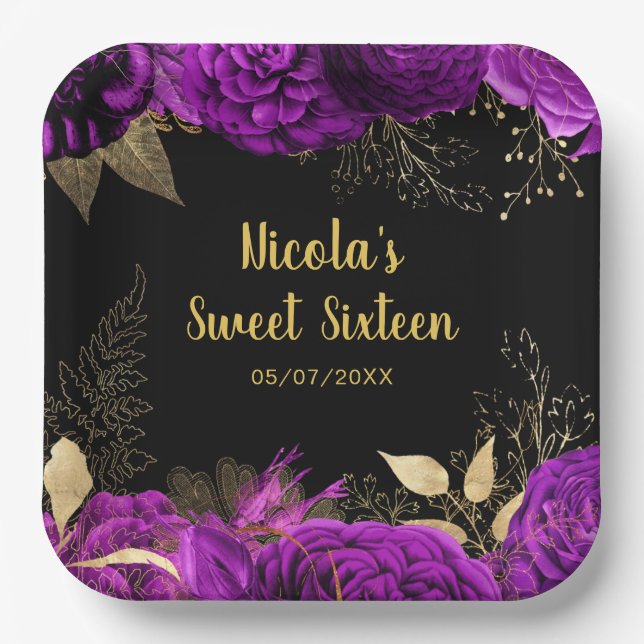 Plato De Papel Elegant Purple and Gold Flowers Sweet Sixteen  (Anverso)