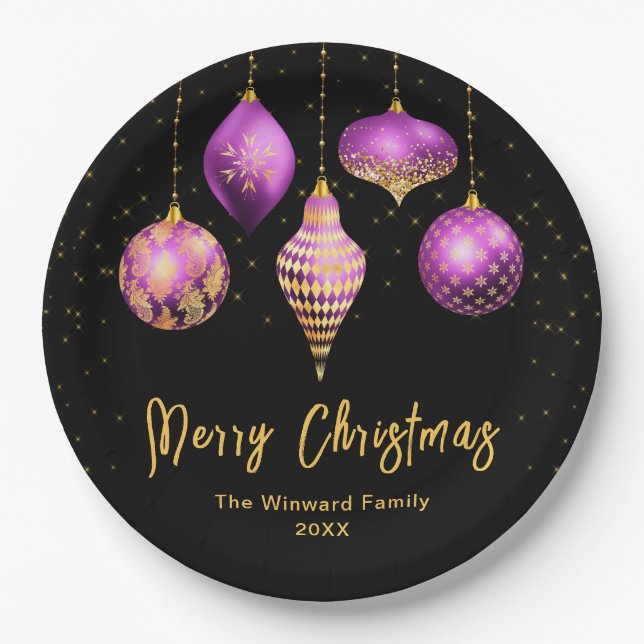 Plato De Papel Elegant Purple and Gold Ornament Christmas (Anverso)