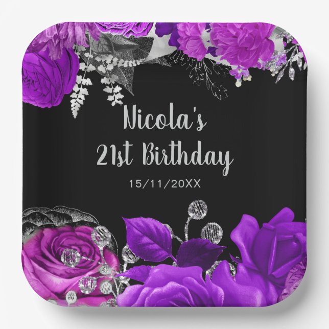 Plato De Papel Elegant Purple and Silver Flowers Birthday Party  (Anverso)