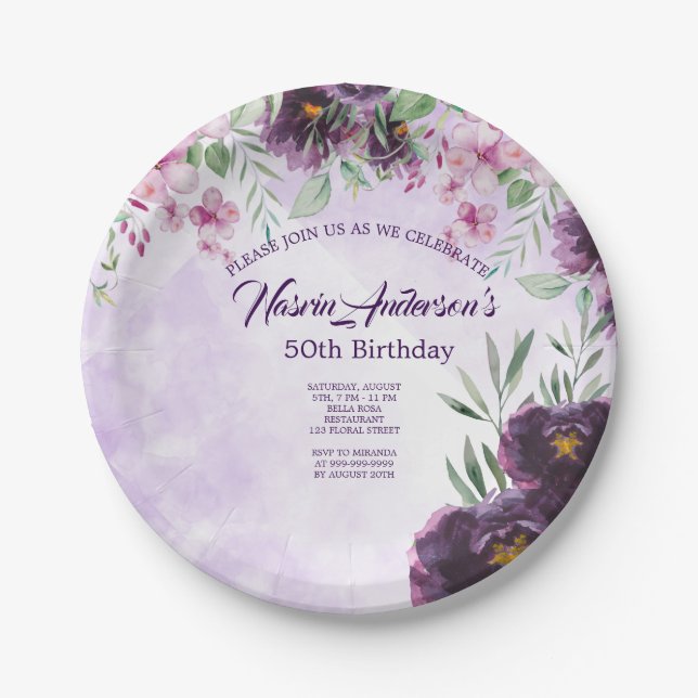 Plato De Papel Elegant Purple Floral Birthday Invitation (Anverso)