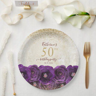 Plato De Papel Elegant Purple Floral Gold 50th Birthday Party