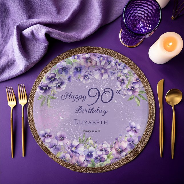 Plato De Papel Elegant Purple Violets Floral Happy 90th Birthday (Boho Elegant Purple Violets Floral Happy 80th Birthday Party Paper Plates)
