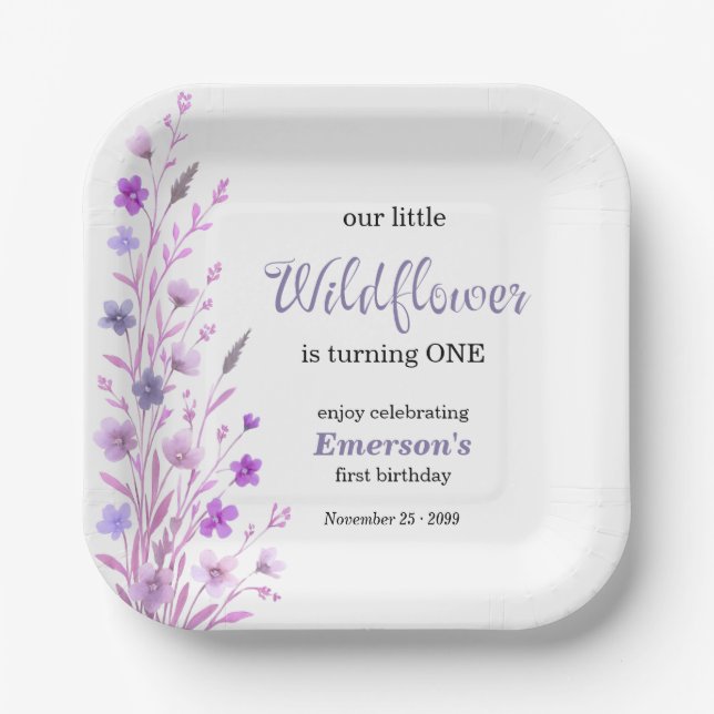 Plato De Papel Elegant Purple Wildflower 1st Birthday Party (Anverso)