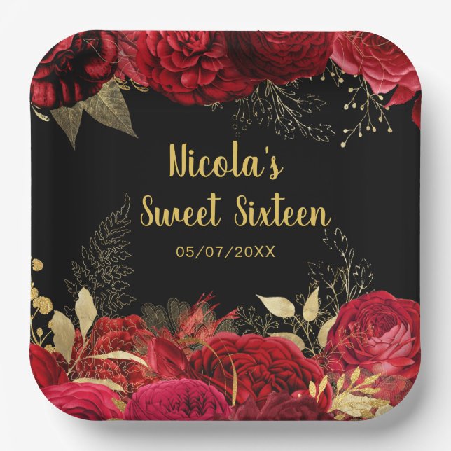 Plato De Papel Elegant Red and Gold Flowers Sweet Sixteen  (Anverso)