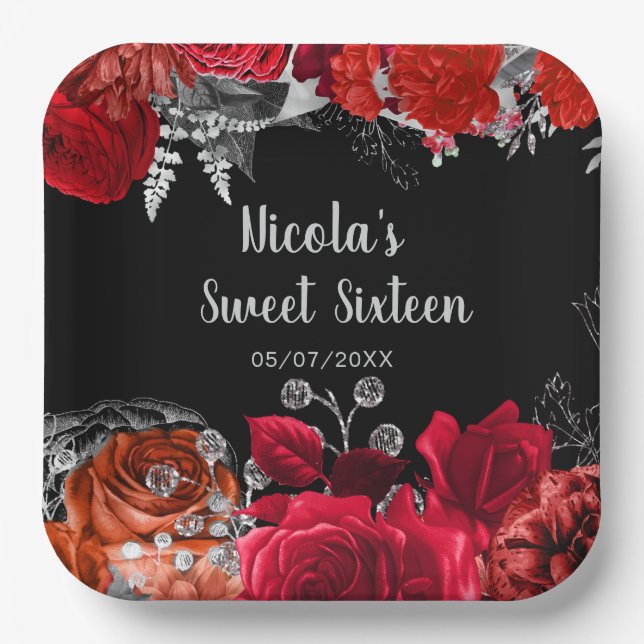 Plato De Papel Elegant Red and Silver Flowers Sweet Sixteen  (Anverso)
