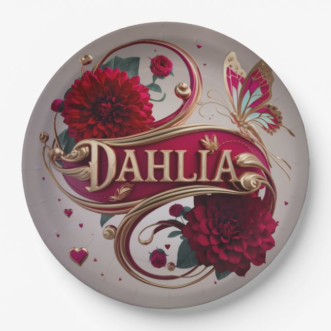 Plato De Papel Elegant Red Dahlia Flower Art (Anverso)