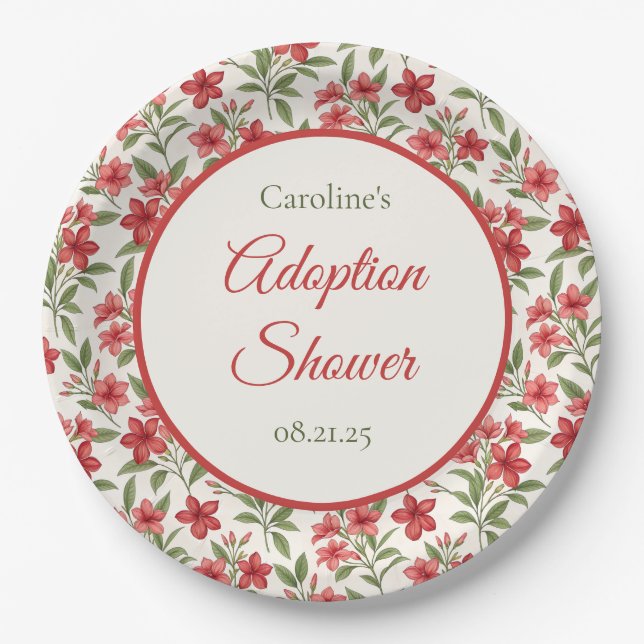 Plato De Papel Elegant Red Floral Botanical Adoption Shower (Anverso)