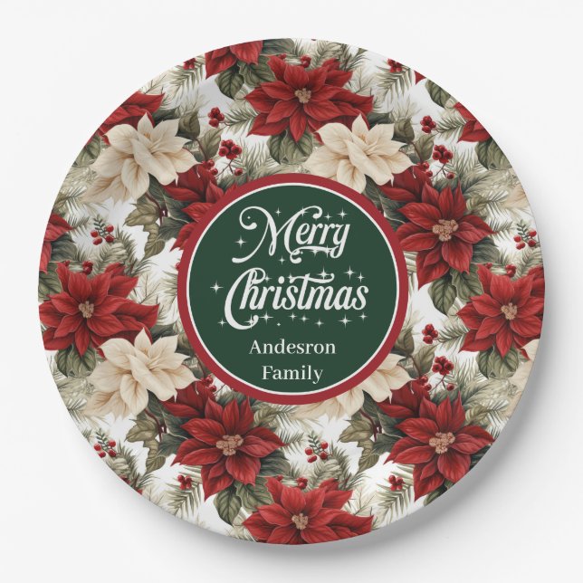 Plato De Papel Elegant Red Poinsettia Floral Paper Plates Gift  (Anverso)