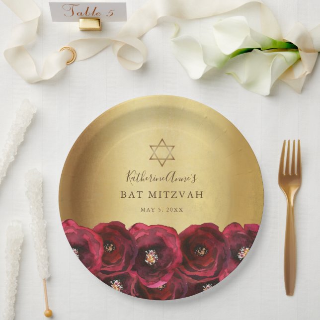 Plato De Papel Elegant Red Rose Floral Gold Bat Mitzvah (Boda)