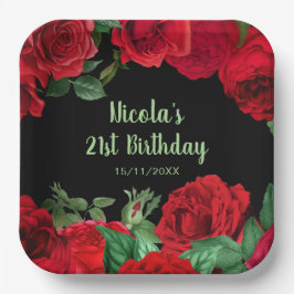 Plato De Papel Elegant Red Roses Flowers Birthday Party