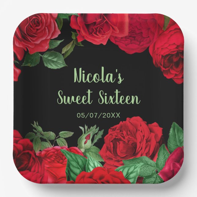 Plato De Papel Elegant Red Roses Flowers Sweet Sixteen (Anverso)