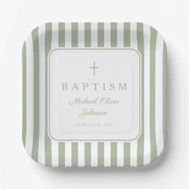 Plato De Papel Elegant Religious Sage Green Boy Baptism (Anverso)
