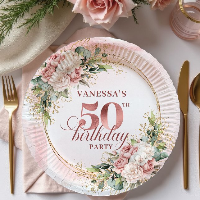 Plato De Papel Elegant Rose Gold Blush Floral 50th Birthday Party (Elegant Rose Gold Blush Floral 50th Birthday Party Paper Plates

)