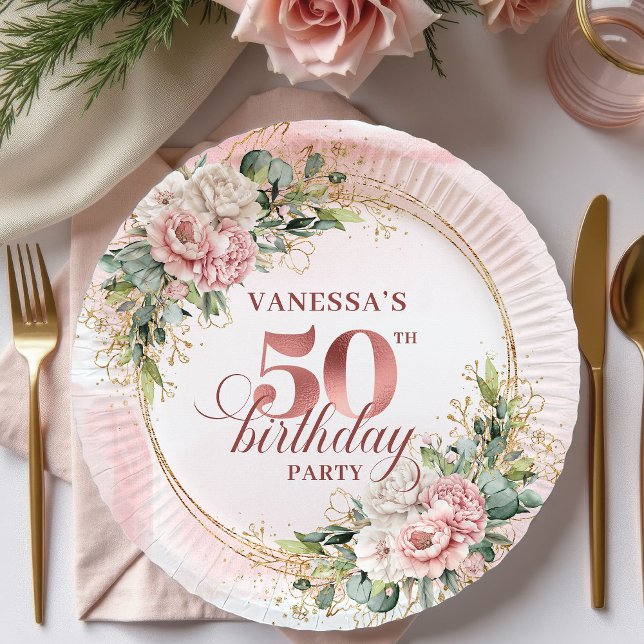 Plato De Papel Elegant Rose Gold Glitter 50th Birthday Floral   (Elegant Rose Gold Glitter 50th Birthday Floral Party Paper Plates

)