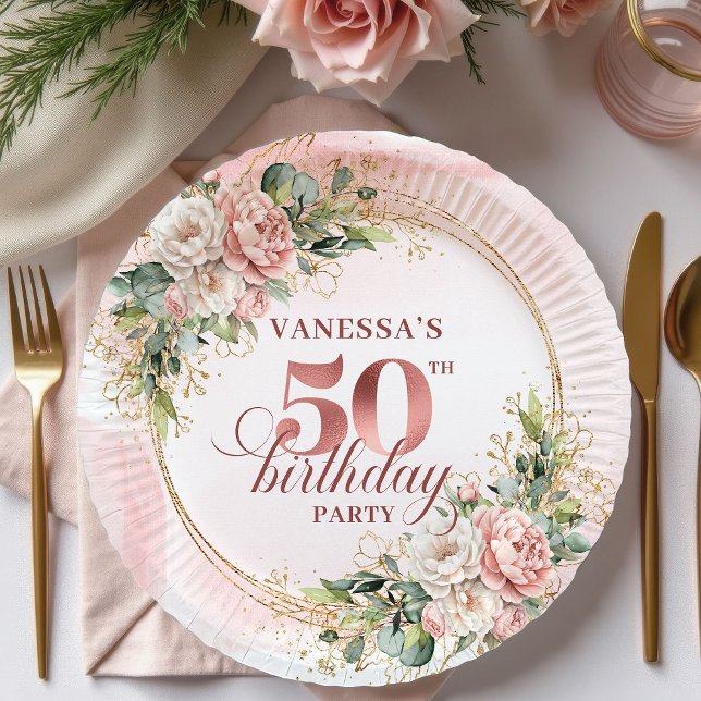 Plato De Papel Elegant Rose Gold Greenery 50th Birthday Paper  (Elegant Rose Gold Greenery 50th Birthday Paper Plates)