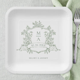 Plato De Papel Elegant Sage Green Floral Crest Monogram Wedding