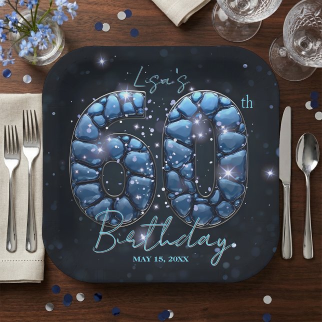 Plato De Papel Elegant Sapphire Blue Stone Mosaic 60th Birthday (Subido por el creador)