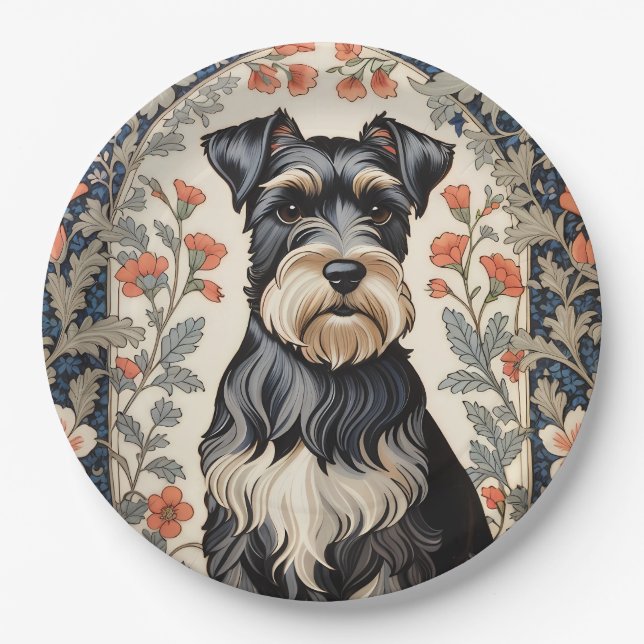 Plato De Papel Elegant Schnauzer William Morris Inspired Floral (Anverso)