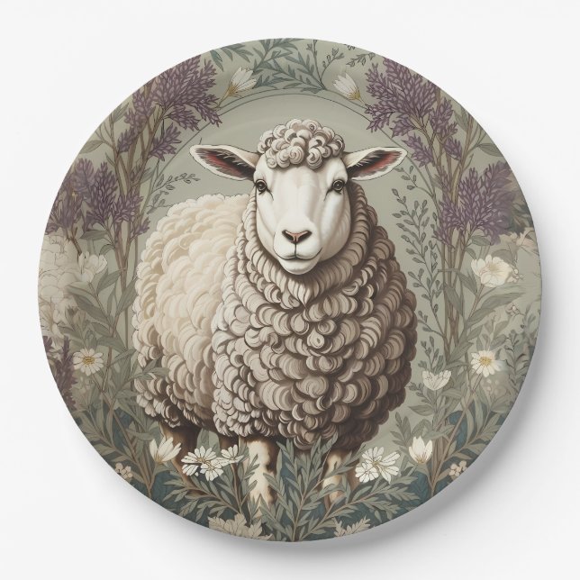 Plato De Papel Elegant Sheep Lavender Flower Background (Anverso)