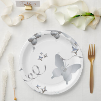 Plato De Papel Elegant Silver Butterfly Wedding Paper Plate | Min