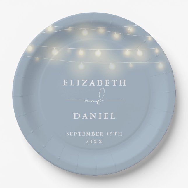 Plato De Papel Elegant String Lights Dusty Blue Wedding (Anverso)