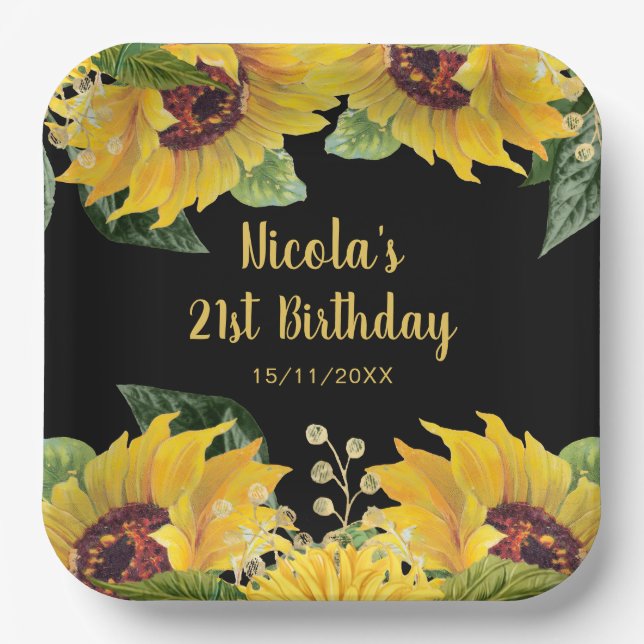 Plato De Papel Elegant Sunflowers and Foliage Birthday Party (Anverso)
