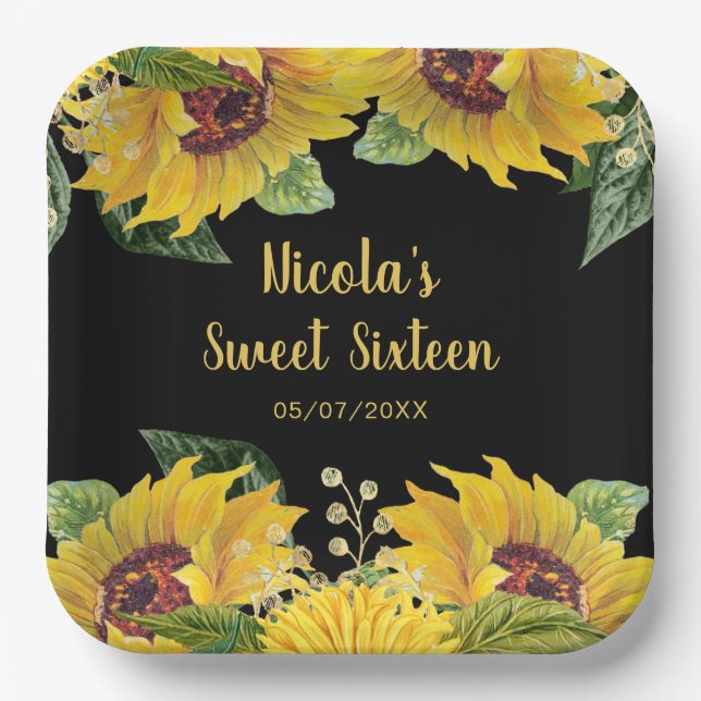 Plato De Papel Elegant Sunflowers and Foliage Sweet Sixteen (Anverso)