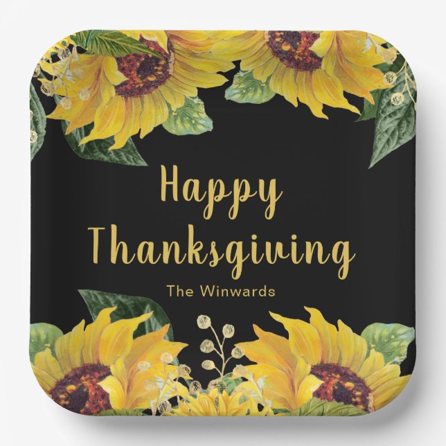 Plato De Papel Elegant Sunflowers and Foliage Thanksgiving Party (Anverso)