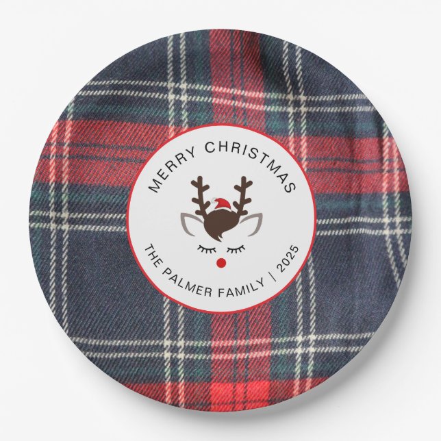 Plato De Papel Elegant Tartan Plaid & Reindeer Christmas Family (Anverso)