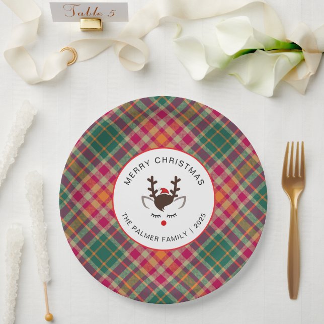 Plato De Papel Elegant Tartan Plaid & Reindeer Christmas Family (Boda)