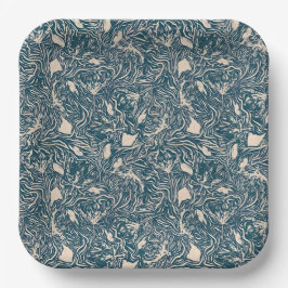 Plato De Papel Elegant Teal Botanical Swirl Seamless Pattern