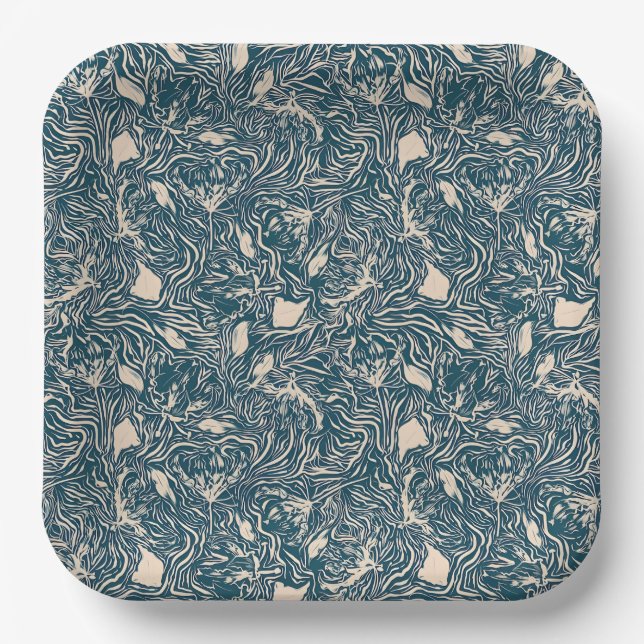 Plato De Papel Elegant Teal Botanical Swirl Seamless Pattern (Anverso)