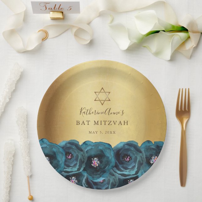 Plato De Papel Elegant Teal Rose Floral Gold Bat Mitzvah (Boda)