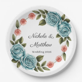 Plato De Papel Elegant Teal Rose & Orange Daisey Wedding