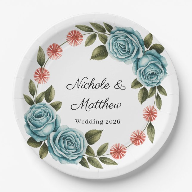 Plato De Papel Elegant Teal Rose & Orange Daisey Wedding (Anverso)