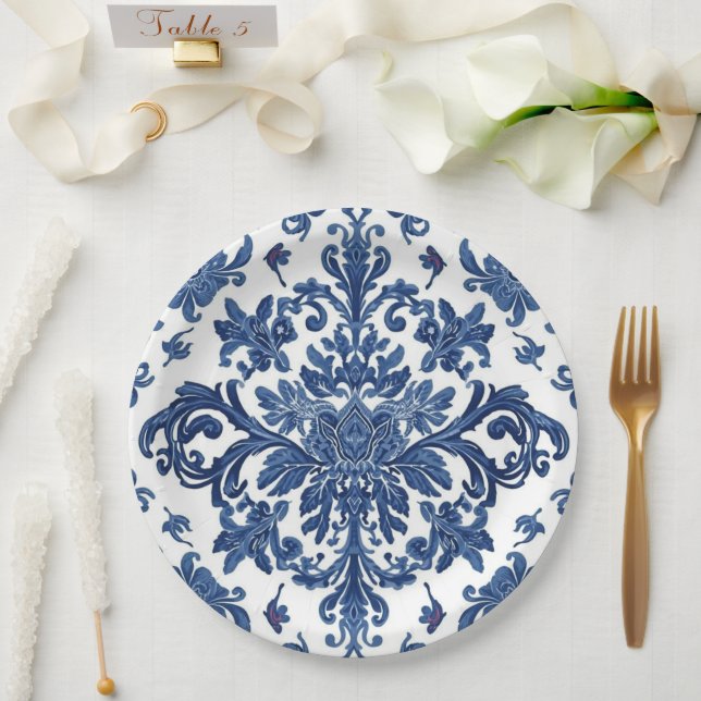 Plato De Papel Elegant Victorian Damask Flower Pattern Navy Blue  (Boda)