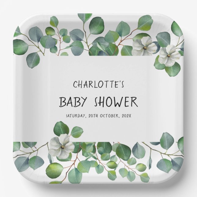 Plato De Papel Elegant Watercolor Eucalyptus Baby Shower (Anverso)