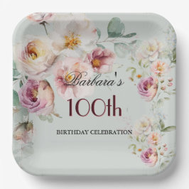Plato De Papel Elegant Watercolor Floral 100th Birthday Party 