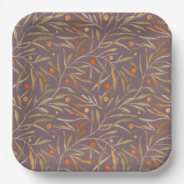 Plato De Papel Elegant Watercolor Leaf Pattern  Purple Background
