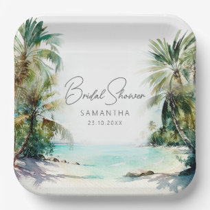 Plato De Papel Elegant Watercolor Palm Tree Beach Bridal Shower