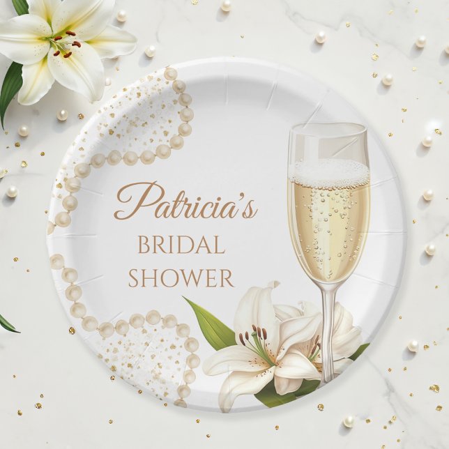 Plato De Papel Elegant Watercolor Pearls & Prosecco Bridal Shower (Subido por el creador)