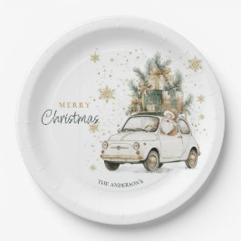 Plato De Papel Elegant Watercolor Santa Car Snow Christmas Party