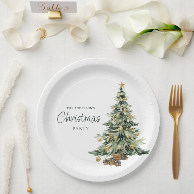 Plato De Papel Elegant Watercolor Tree Christmas Party  (Boda)