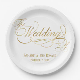 Plato De Papel Elegant White and Faux Gold Calligraphy Wedding