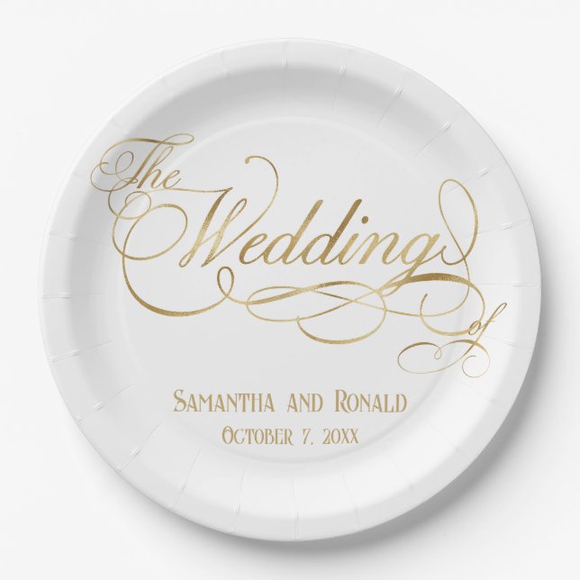 Plato De Papel Elegant White and Faux Gold Calligraphy Wedding (Anverso)